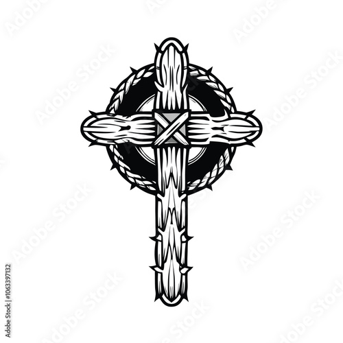 Create a vector image of a Christian cross adorned with Thor's hammer, Mjolnir, representing a fusion of Norse and Christian mythology.