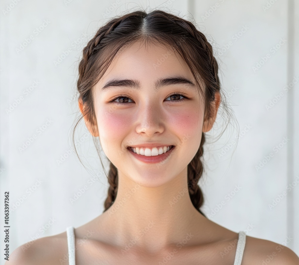 A young Asian woman with Braided Hairstyle poses in a bikini against a white background. Her stylish swimwear and natural beauty are highlighted by the simplicity of the scene. A young Asian woman with Braided Hairstyle poses in a bikini against a white background. Her stylish swimwear and natural beauty are highlighted by the simplicity of the scene.