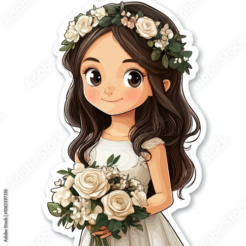 Charming illustration of a young girl with flowing dark hair and large expressive eyes, wearing a floral crown with roses and a soft white dress. The art style is delicate and whimsical