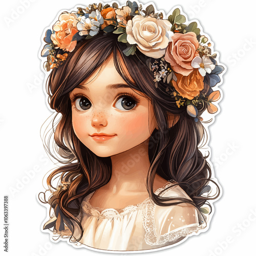 Charming illustration of a young girl with flowing dark hair and large expressive eyes, wearing a floral crown with roses and a soft white dress. The art style is delicate and whimsical