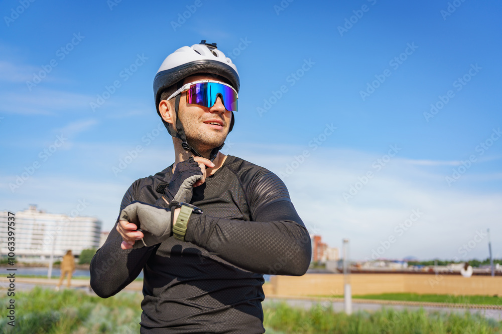 Cyclist Adjusts Smartwatch While Preparing to Ride on a Sunny Day in an Urban Park Setting Cyclist Adjusts Smartwatch While Preparing to Ride on a Sunny Day in an Urban Park Setting