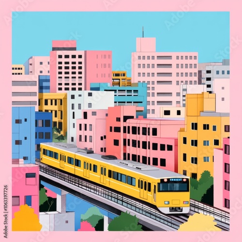 A vibrant illustration of a yellow train traveling through colorful city buildings.