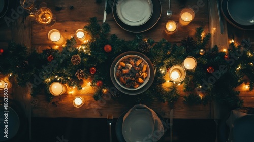 Wallpaper Mural A beautifully arranged table exudes holiday spirit with festive dishes, glowing candles, and lush garlands, perfect for Christmas celebrations. Generative AI Torontodigital.ca