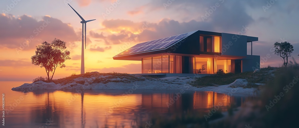 A dynamic image of a hybrid renewable energy system, featuring solar panels and wind turbines working together in a modern ecofriendly home A dynamic image of a hybrid renewable energy system, featuring solar panels and wind turbines working together in a modern ecofriendly home
