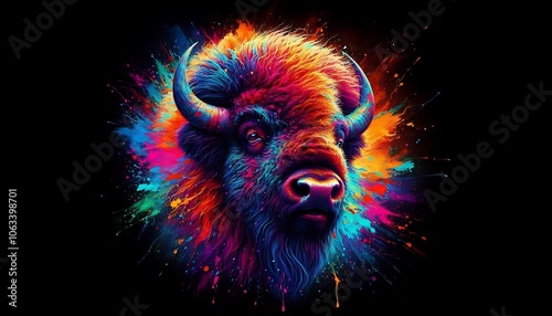 European bison, abstract neon cheetah portrait of european bison cartoon Leopard with dazzling rainbow lights