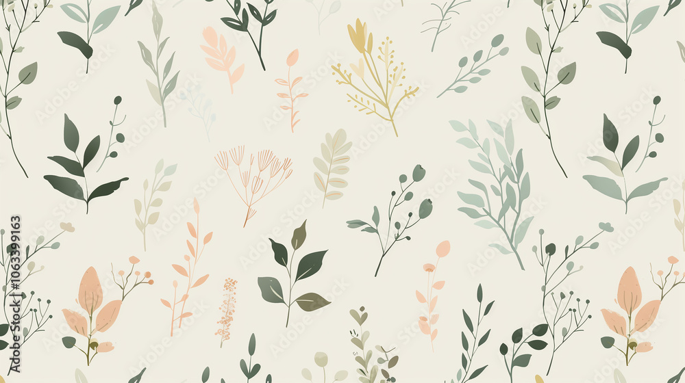 A harmonious blend of different leaves and branches in muted green hues. A harmonious blend of different leaves and branches in muted green hues.