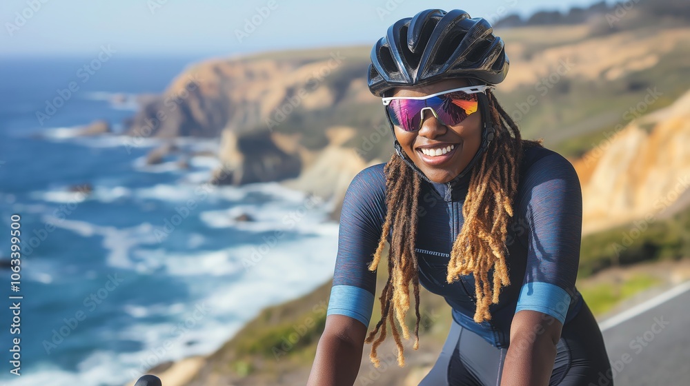 Energetic Female Cyclist with Dreadlocks Enjoying a Scenic Coastal Ride Energetic Female Cyclist with Dreadlocks Enjoying a Scenic Coastal Ride