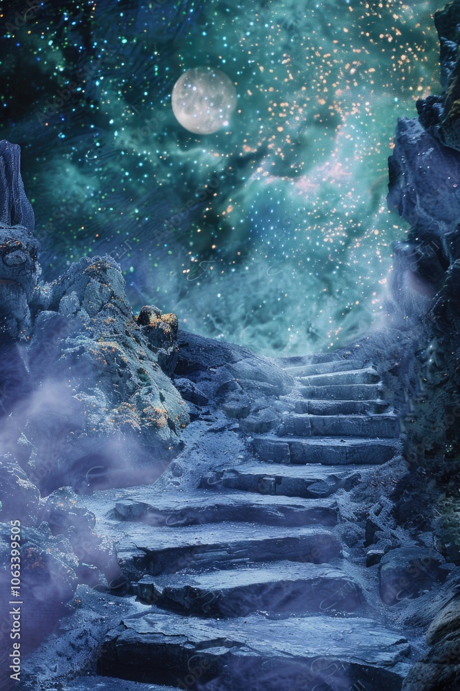 Fototapeta premium A stairway leads up to a cave entrance illuminated by a bright full moon