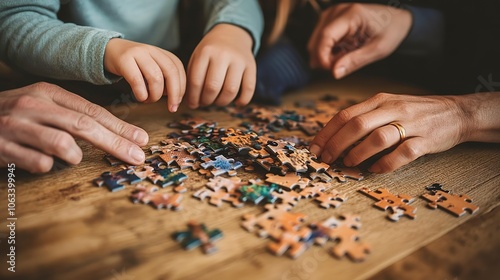 A family doing a puzzle together.