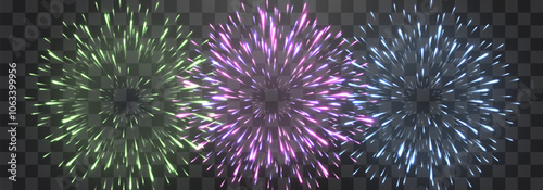 Vector festive fireworks isolated on png. New Year's Eve fireworks with brightly shining sparks. Realistic sparks and explosions. Colorful pyrotechnics show. Vector isolated on png background