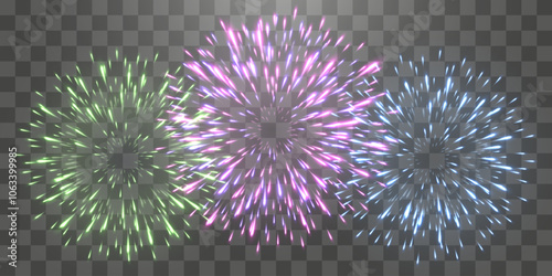 Vector festive fireworks isolated on png. New Year's Eve fireworks with brightly shining sparks. Realistic sparks and explosions. Colorful pyrotechnics show. Vector isolated on png background.