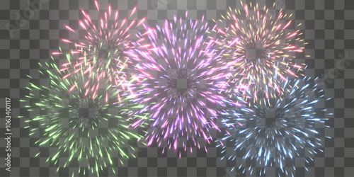 Vector festive fireworks isolated on png. New Year's Eve fireworks with brightly shining sparks. Realistic sparks and explosions. Colorful pyrotechnics show. Vector isolated on png background.