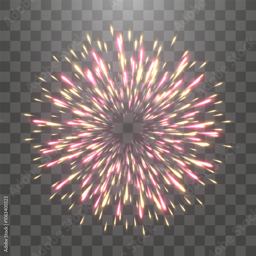 Vector festive fireworks isolated on png. New Year's Eve fireworks with brightly shining sparks. Realistic sparks and explosions. Colorful pyrotechnics show. Vector isolated on png background