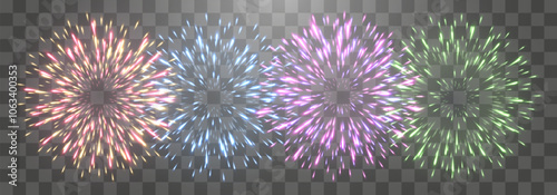 Vector festive fireworks isolated on png. New Year's Eve fireworks with brightly shining sparks. Realistic sparks and explosions. Colorful pyrotechnics show. Vector isolated on png background