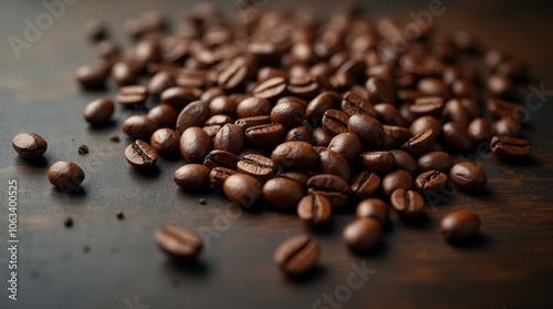 Scattered Coffee Beans on a Dark Wooden Surface in Natural Light. Generative AI