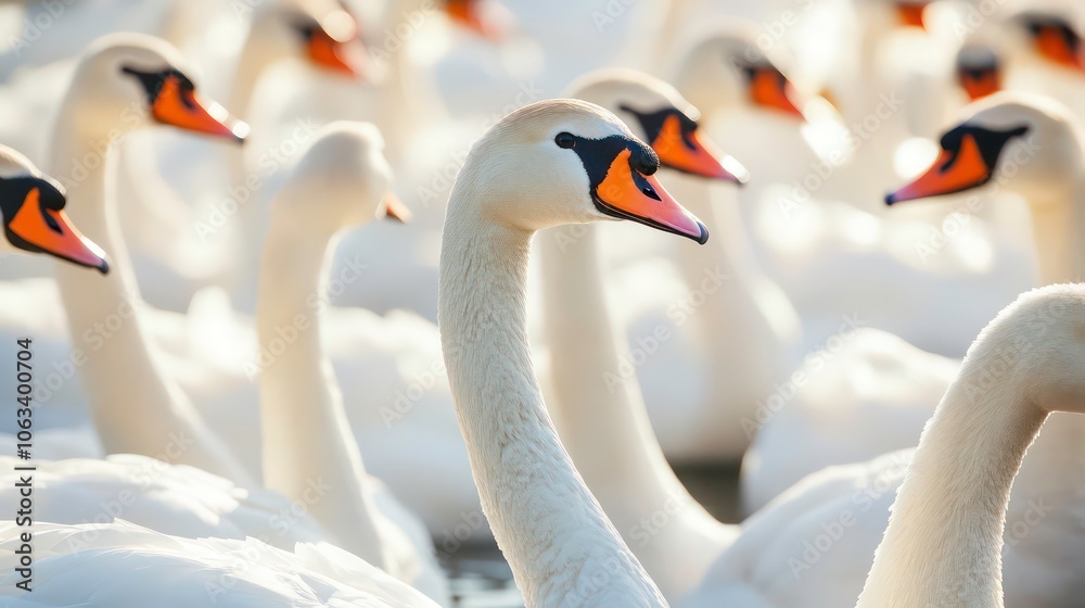 Obraz premium A serene scene of swans gracefully swimming in a tranquil setting.