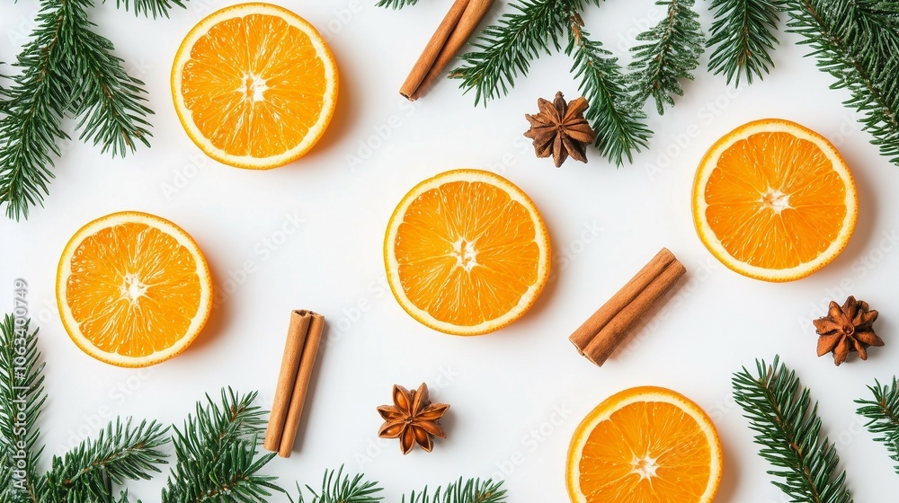 Orange slices with cinnamon sticks on a white background, evoking a cozy and festive aroma Orange slices with cinnamon sticks on a white background, evoking a cozy and festive aroma