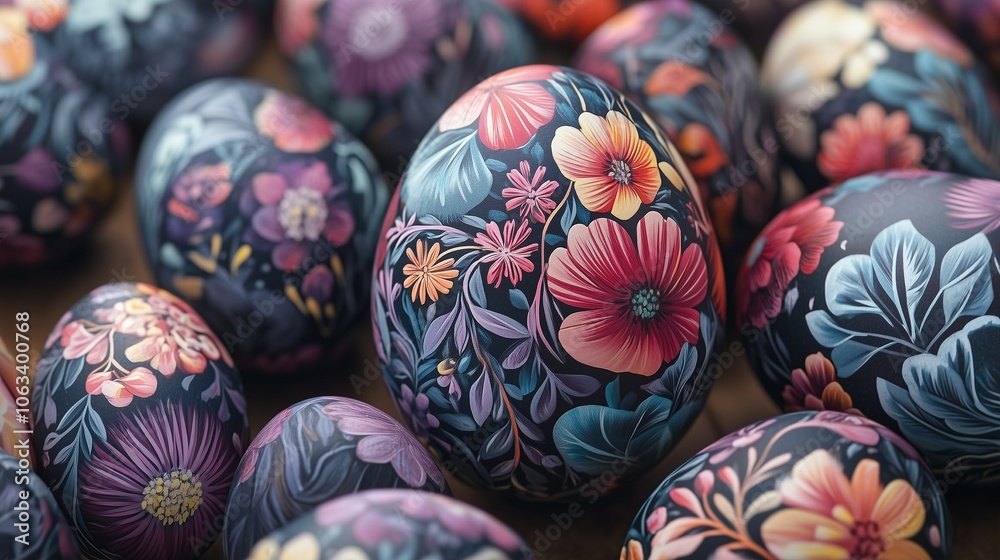 Elegantly decorated Easter eggs with vibrant floral designs in intricate detail on a dark background Elegantly decorated Easter eggs with vibrant floral designs in intricate detail on a dark background