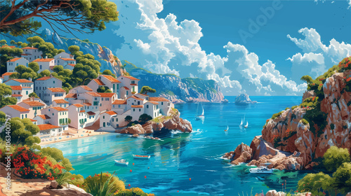 Scenic Mediterranean coastal village with white houses and terracotta roofs by a turquoise sea. Lush greenery, rocky cliffs, and sailboats add a tranquil, vacation vibe to this picturesque landscape