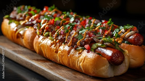 Artisanal gourmet hot dogs arranged on wooden board with various toppings, fresh vegetables, and condiments on toasted buns, styled with dark moody background lighting.