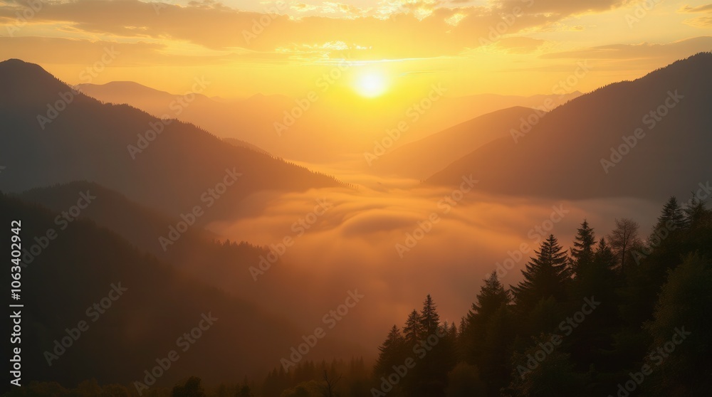 Sunrise Over a Misty Mountain Landscape With Soft Golden Light. Generative AI Sunrise Over a Misty Mountain Landscape With Soft Golden Light. Generative AI