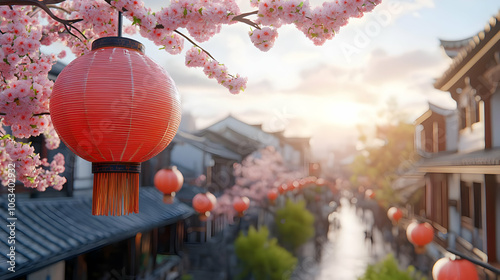 Red Lantern Hanging from Cherry Blossom Tree in Asian City 3D Illustration