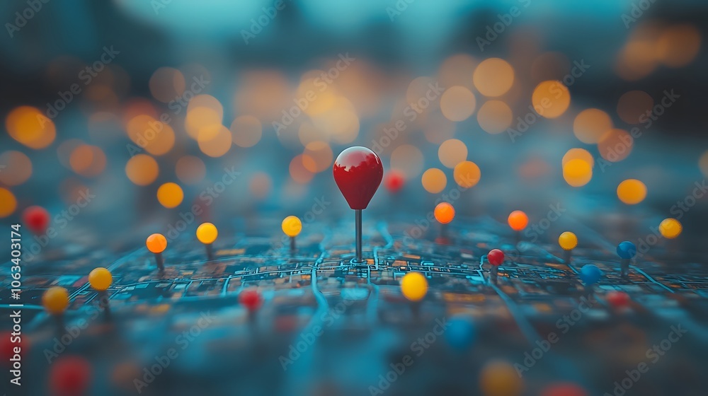 Location pin markers photographed on map with red pin in focus, surrounded by blurred colorful pins, captured with shallow depth of field and soft bokeh lighting effects. Location pin markers photographed on map with red pin in focus, surrounded by blurred colorful pins, captured with shallow depth of field and soft bokeh lighting effects.