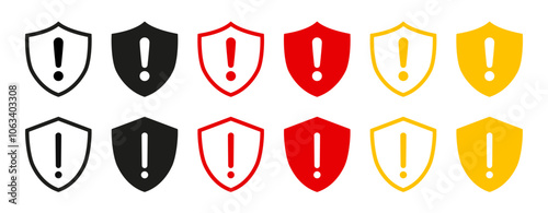 Shield with exclamation mark icon, warning attention, risk alert caution, security shield set