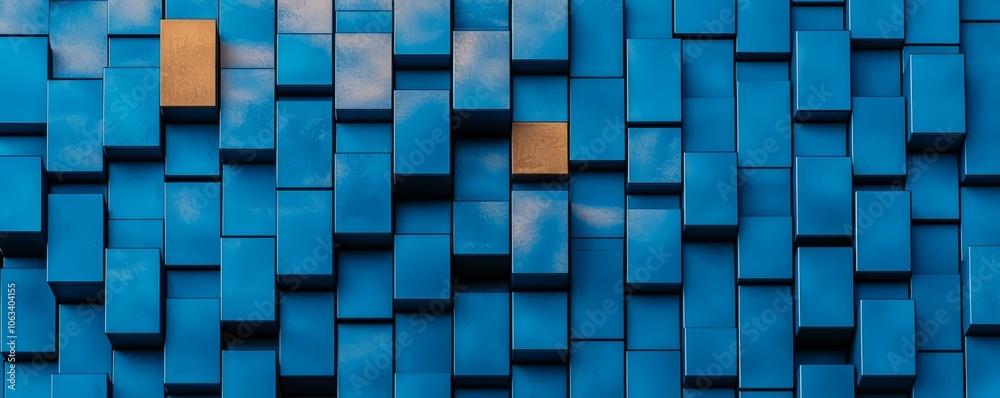Abstract blue wall with a few golden blocks; modern architectural design. Abstract blue wall with a few golden blocks; modern architectural design.