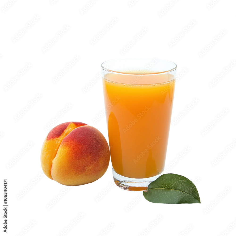 Fresh Peach Juice in a Glass with a Peach and Leaf Fresh Peach Juice in a Glass with a Peach and Leaf