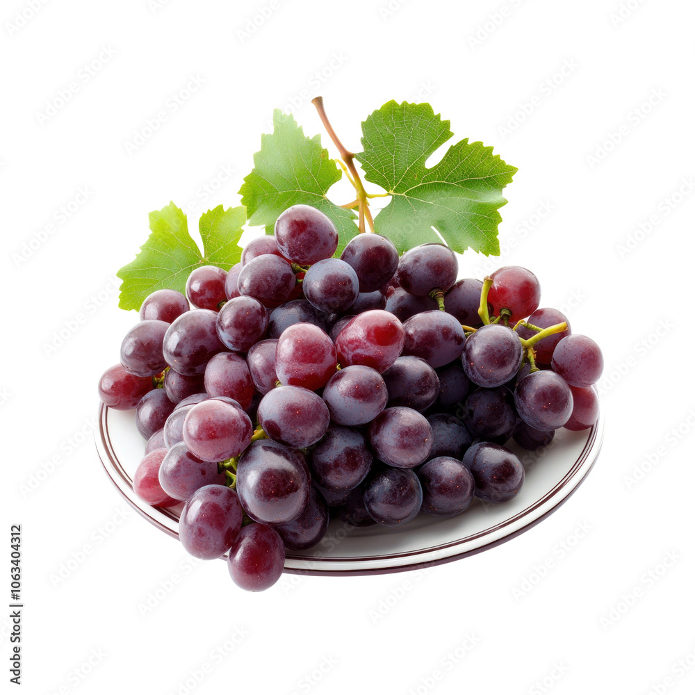 Fototapeta premium Fresh Red Grapes on a White Plate with Green Leaves