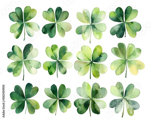 Vibrant Watercolor Four Leaf Clover Leaves in Symmetrical Arrangement on White Background Symbolizing Luck and Prosperity