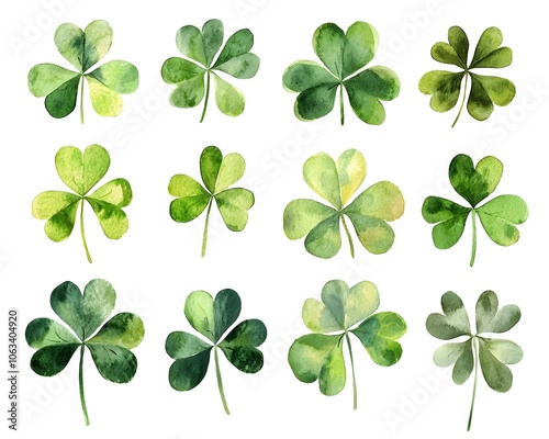 Vibrant Watercolor Clover Leaves in Symmetrical Pattern on White Background