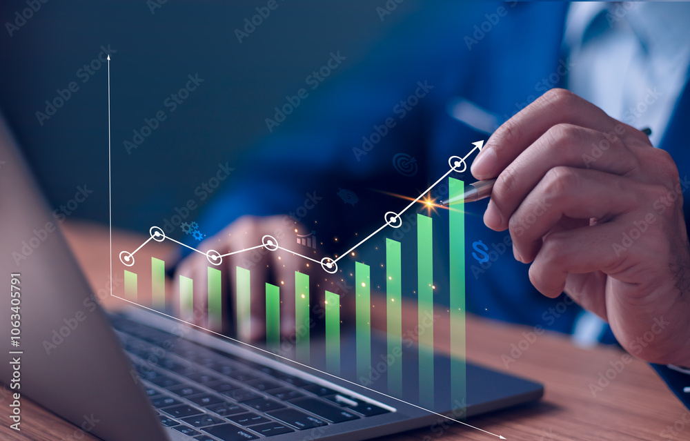 2024 business financial plan market concept, performance of profit growth on 2024 to 2025, education trend up finance on growth graph money revenue, Businessman analyzes profitability of working.