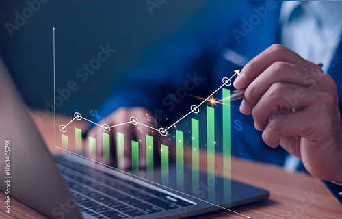 Obraz na płótnie 2024 business financial plan market concept, performance of profit growth on 2024 to 2025, education trend up finance on growth graph money revenue, Businessman analyzes profitability of working. w salonie