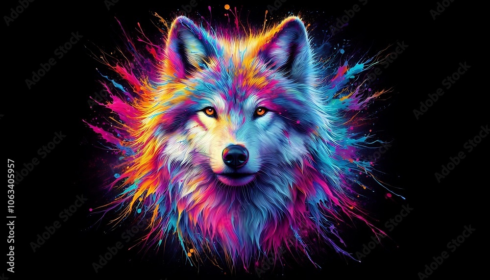 Wolf, abstract neon portrait of Wolf cartoon with dazzling rainbow lights, black background