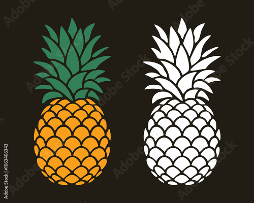 Two pineapples, one in color, one in black and white.