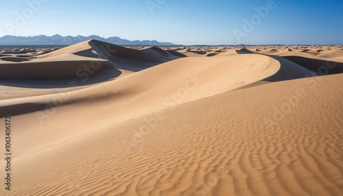 Rolling Sand Dunes Under a Clear Blue Sky With Soft Shadows. Generative AI