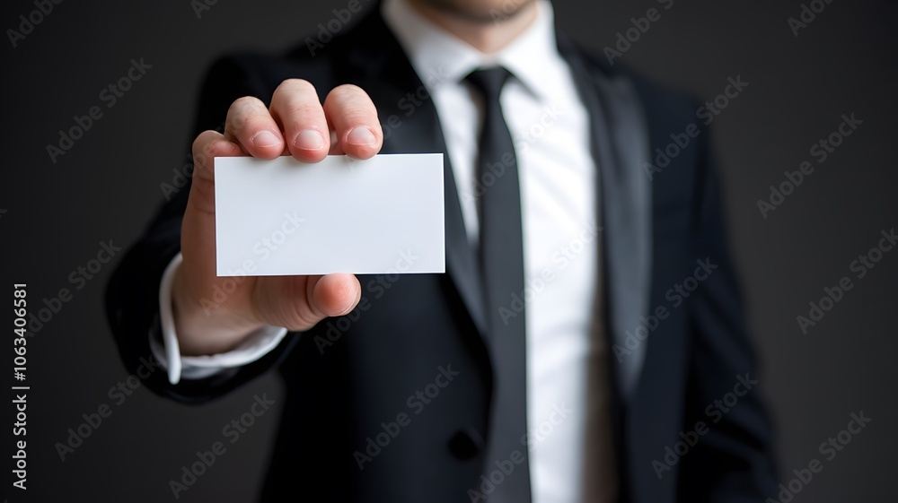 A person, presumably male, dressed in a formal black suit and white shirt. He is holding out a blank white card or piece of paper towards the viewer. 