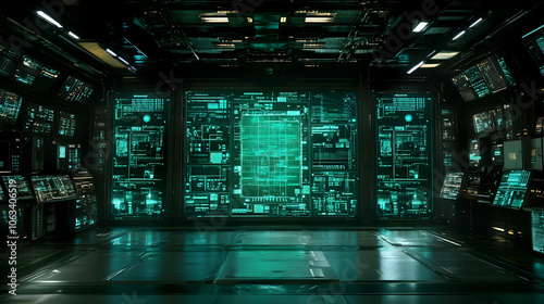 Fototapeta Naklejka Na Ścianę i Meble -  Futuristic Control Room with Green Screens, spaceship, spaceship interior, space station, control panel, console