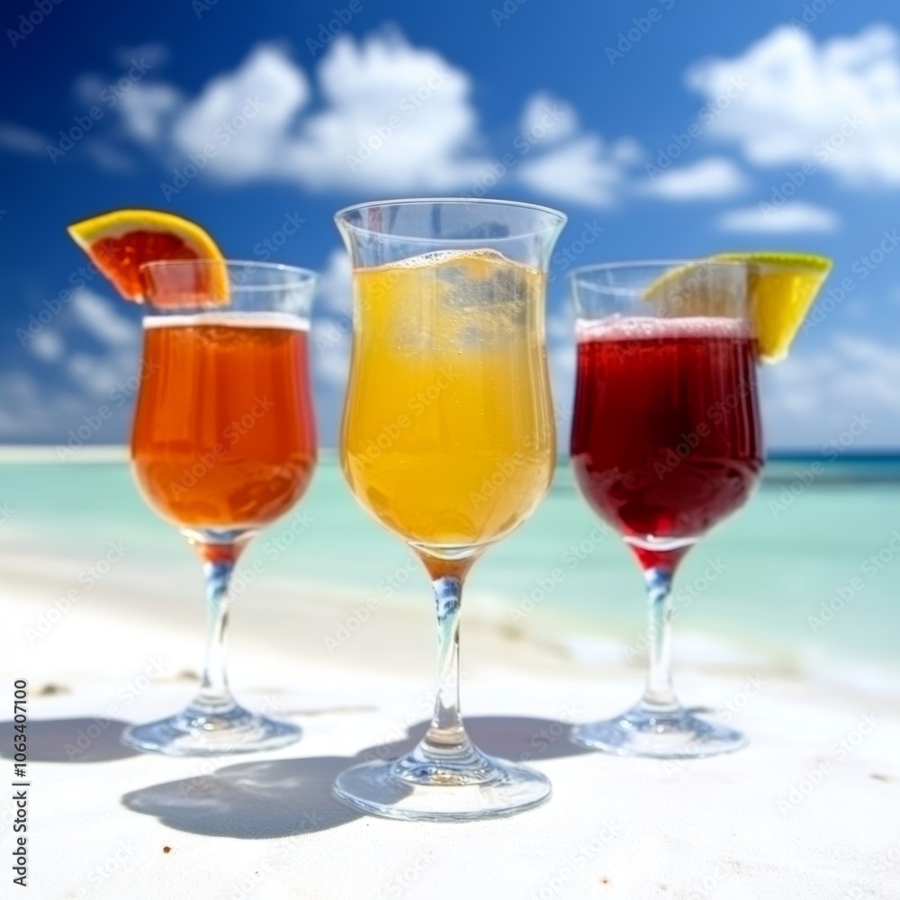 Three Refreshing Tropical Cocktails on a Sunny Beach, Vacation and Relaxation Concept