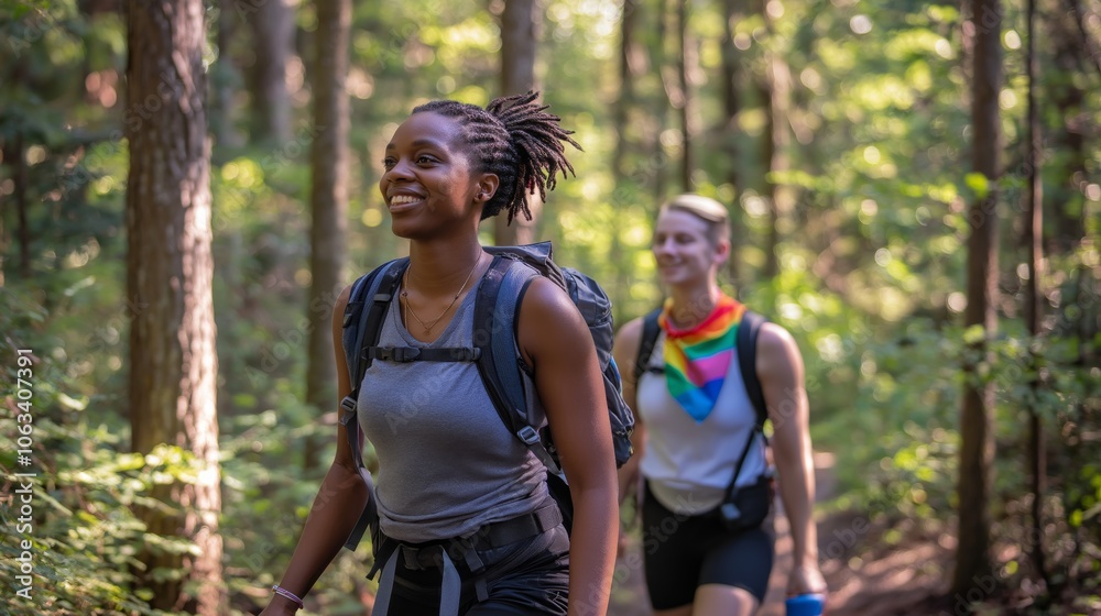 Diverse LGBTQ Couple Hiking in Lush Green Forest for Adventure and Nature Exploration Diverse LGBTQ Couple Hiking in Lush Green Forest for Adventure and Nature Exploration