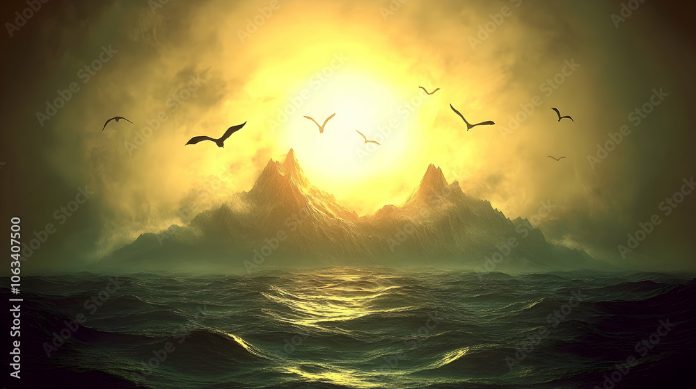 Obraz premium Misty Mountain Sunset over the Ocean, mountains, sea, sunrise, dusk, dawn