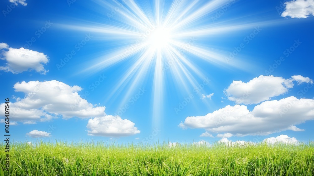 Sunny Blue Sky With Fluffy White Clouds, Bright Sun Rays Beaming, Green Grass Field Background Sunny Blue Sky With Fluffy White Clouds, Bright Sun Rays Beaming, Green Grass Field Background