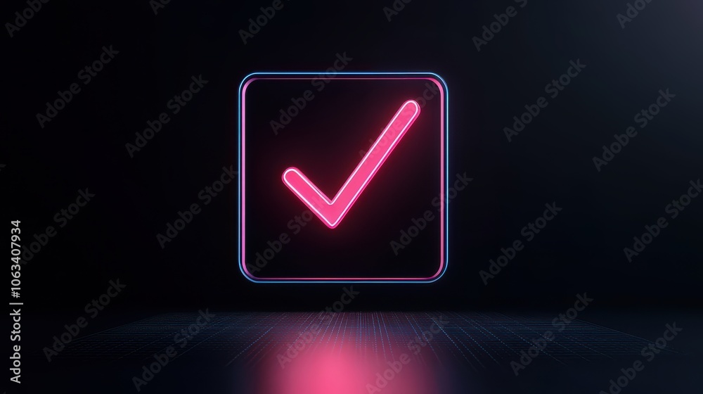 A glowing pink checkmark inside a square frame, set against a dark background, symbolizes approval and confirmation in a modern digital design. A glowing pink checkmark inside a square frame, set against a dark background, symbolizes approval and confirmation in a modern digital design.