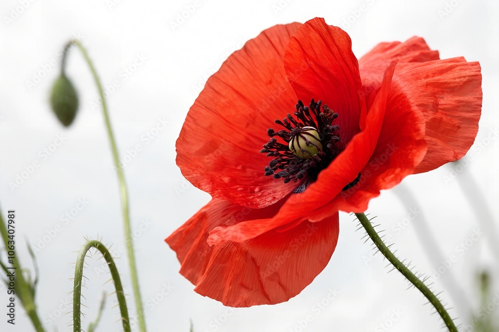 Obraz premium Vibrant bright red poppy flower standing out against a white background