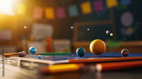 Colorful model of the solar system in a classroom setting, featuring planets and educational tools glowing in warm sunlight. photo