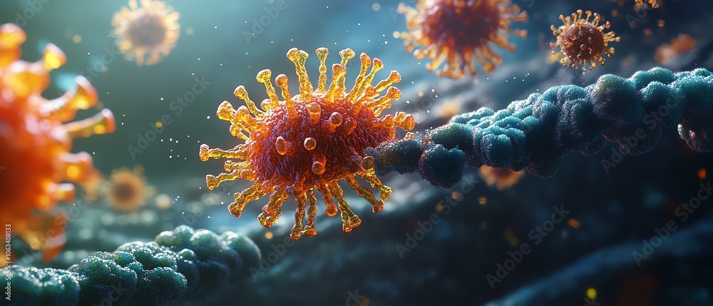 A captivating image of a virus emerging from a cell, showcasing the process of viral replication and the battle against the immune system A captivating image of a virus emerging from a cell, showcasing the process of viral replication and the battle against the immune system