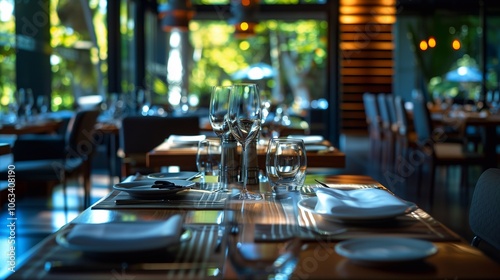 A modern restaurant features a beautifully arranged table with glassware and table settings