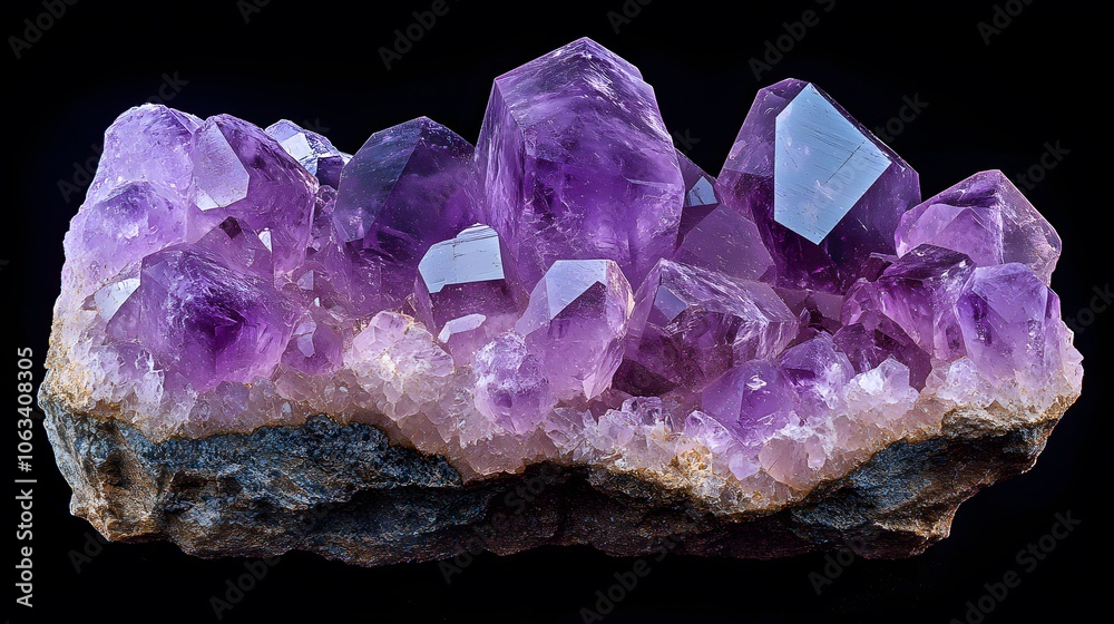 Deep purple amethyst crystal cluster showcasing natural mineral formations, geometric crystal points, and translucent gemstone texture captured with dramatic lighting.